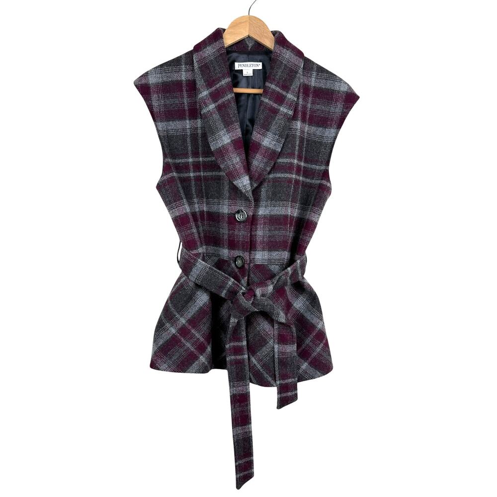 Vintage 90s Pendleton Virgin Wool Plaid Belted Vest Size L Made in USA Tailored